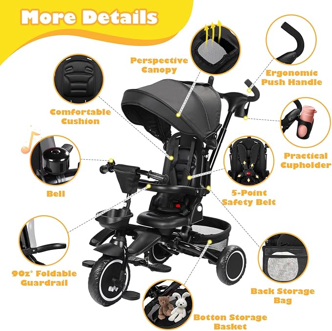 Folding Kids Tricycle, 8 in 1 Baby Trike W/Removable & Adjustable Canopy, Parent Handle, 5-Piont Safety Harness, Toddler Bike Stroller for Kids 1-6 Years, EVA Wheels, Storage Basket, Black