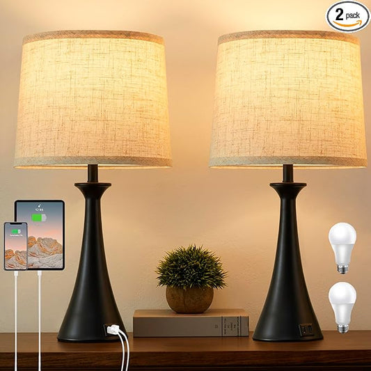 Hikczc Touch Lamp for Living Room Bedroom, 21" Table Lamps Set of 2 with USB C+A Ports, Touch Bedside Lamps for Nightstand with 3 Way Dimmable, 2 LED Bulbs Included, Black