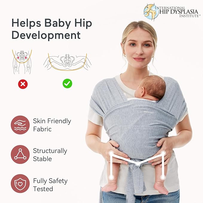 Momcozy Baby Wrap Carrier, Easy to Wear Infant Carrier Slings, Lightweight Hands Free Baby Sling, Adjustable Baby Carriers for Newborn to Toddler 8-35 lbs, Grey