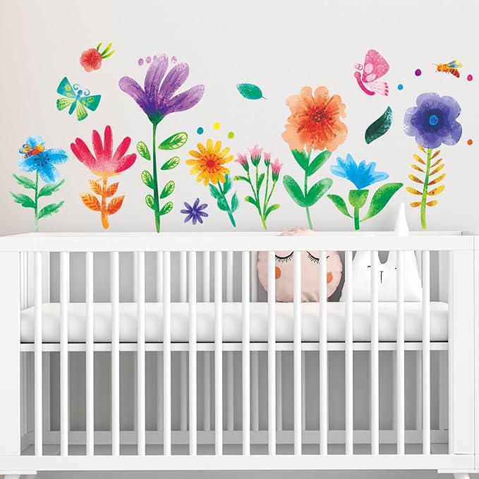 Amimagen Watercolor Flower Wall Stickers - Kids Baby Boys Girls Toddler Garden Preschool Floral Wall Decals - Nursery Playroom Classroom Daycare Bedroom Home Wall Decor