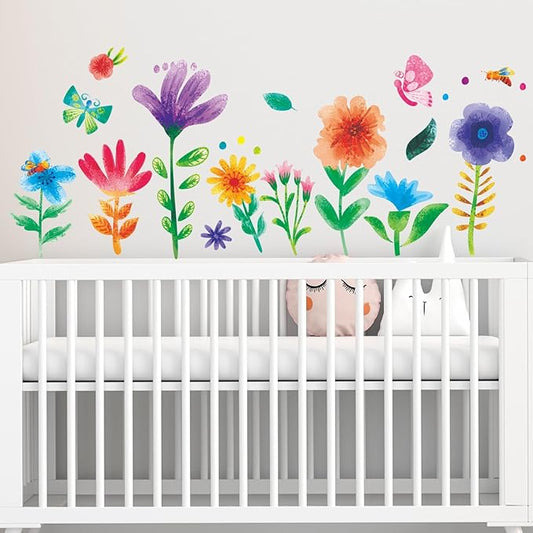 Amimagen Watercolor Flower Wall Stickers - Kids Baby Boys Girls Toddler Garden Preschool Floral Wall Decals - Nursery Playroom Classroom Daycare Bedroom Home Wall Decor