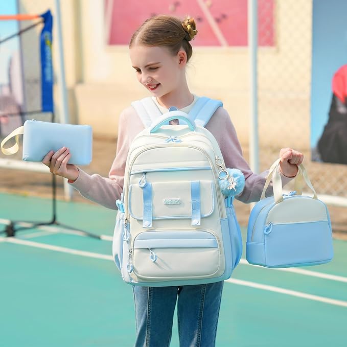 QHRIDS School Backpack for Girls, 3PCS Laptop Backpack 15.6 Inch with Lunch Box Pencil Pouch Set for Kids Teens Elementary Middle High School College Bookbag Student Casual Travel Daypack,Blue Beige