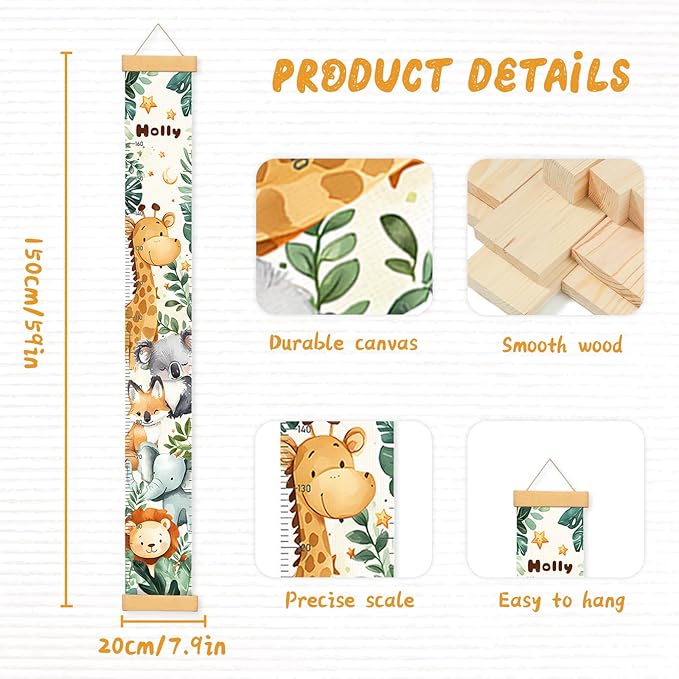 Woodemon Personalized Name Baby Growth Height Chart Handing Ruler Wall Decor for Kids, Animals Canvas Removable Height Growth Chart, Nursery Decor, Toddler Kid Room Decoration, Hangable