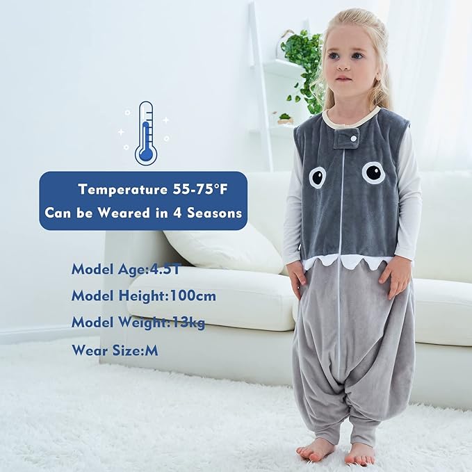 MICHLEY Toddler Sleeping Sack with Feet Newborn Infant Sleeveless Sleeping Bag 2-way Zipper Baby Wearable Blanket for Walkers,Grey Shark,3-5T