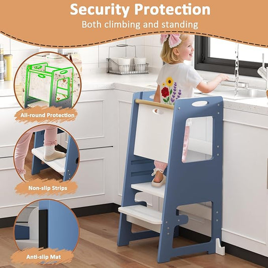 Kitchen Step Stool, Standing Tower for Kids, Adjustable Height Toddler Kitchen Tower with Anti-Slip Design & Safety Rails, Toddler Standing Step Stool with Wide Stable Base-Blue