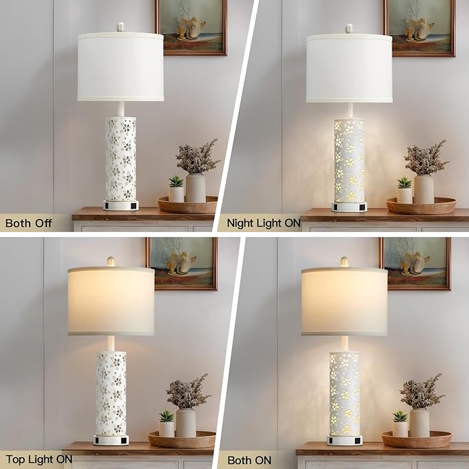 Cinkeda Set of 2 Rustic Table Lamps for Living Room Bedroom, Vintage Farmhouse Nightstand Lamp with 2 USB Ports, Hollow Out Metel Lamp for End Table with Nightlight (Retro White)