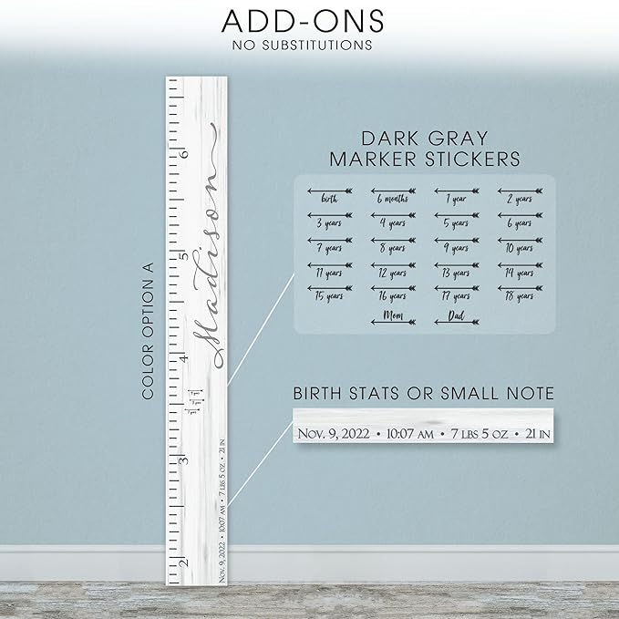 Wooden Kids Growth Height Chart Ruler for Boys and Girls Painted or Engraved (Classic Script)