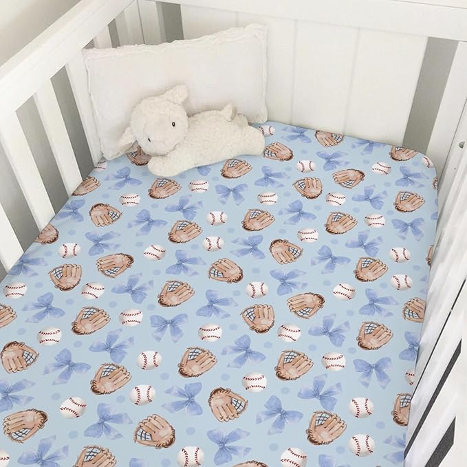 Pastel Blue Baseball Bows Baby Crib Sheets for Boys Watercolor Boy Baseball Soft Snug Fitted Crib Mattress Covers for 52''x28'' Standard Crib & Toddler Mattresses Outdoor Sports Bed Sheets