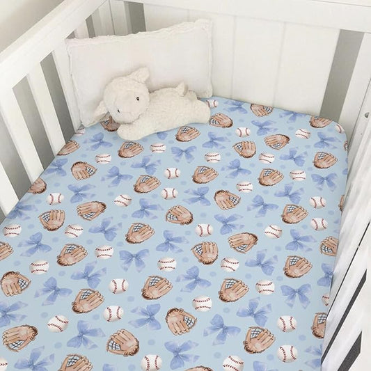 Pastel Blue Baseball Bows Baby Crib Sheets for Boys Watercolor Boy Baseball Soft Snug Fitted Crib Mattress Covers for 52''x28'' Standard Crib & Toddler Mattresses Outdoor Sports Bed Sheets