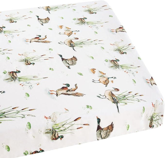 LifeTree Pack and Play Sheets Fitted for Baby, 38" x 26" x 2" Muslin Playard Mattress Pad Cover,70% Viscose from Bamboo and 30% Cotton, Mallard Duck Pattern