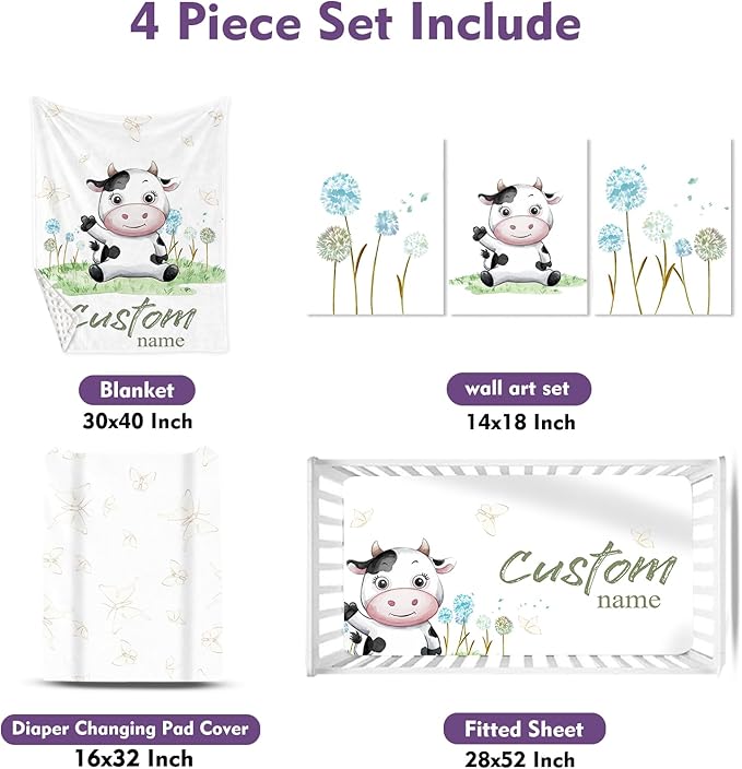 Personalized Baby Crib Bedding Set: 4 Piece Custom Gift Crib Bed Set with Name - Cute Cow Theme,Nursery Bedding Set for Baby Girls Crib,Newborn Boys Girls Crib Sets, Crib Bedding Shower Gifts