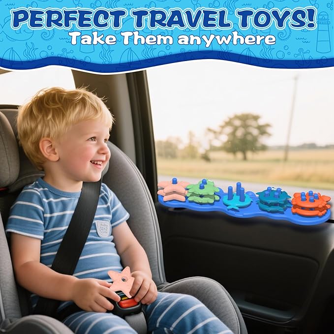 Baby Bath Toys, Premium Silicone Mold Free Ocean Animal Shape Sorting & Stacking Toddlers Bath Toys, No Hole Bathtub Floating Toys Gift for Boys Girls, Early Learning Sensory Water Toys, Bathtime Fun