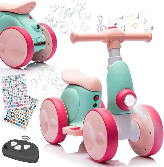 Electric Baby Balance Bike with Bubble Machine for 1 Year Old Boys Girls 4 in 1 Toddler Balance Bike 12-48 Month Kids Bubble Bike Ride Toys First Birthday Gift with Powered Motor,Music,LED Lights