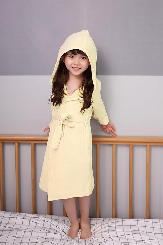 Organic Cotton Toddler Bathrobe, Soft and Breathable Baby Robe for Kid, Boy& Girl Hooded Robe Muslin
