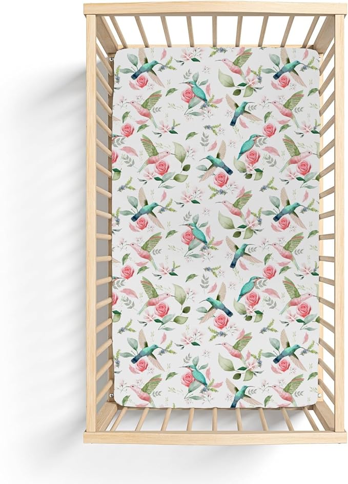 Hummingbird Greenery Floral Baby Crib Sheets for Boy Girl 28"x52" Spring Birds Leaves Soft Snug Fitted Crib Mattress Cover Forest Animals Nursery Baby Sheet for Standard Crib & Toddler Mattress Pad