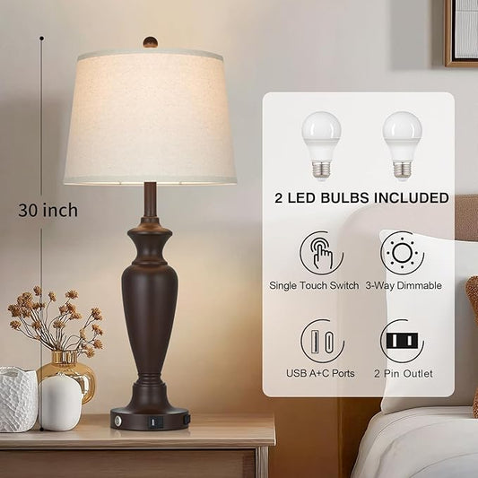 luxeflow 30" Tall Brown Table Lamps Set of 2 for Living Room, Touch Control Bedside Lamps for Bedroom Nightstand, 3-Way Dimmable Farmhouse Lamps with Charging Ports (2 LED Bulbs Included)