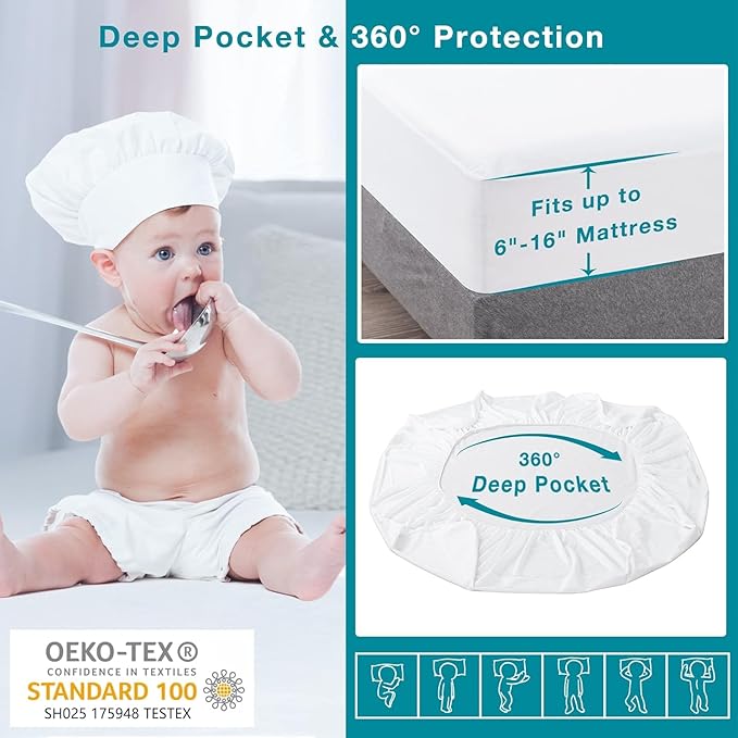 Lunsing Soft 2 Pack Full Size Waterproof Mattress Protector with 6-16 Inches Deep Pocket, White
