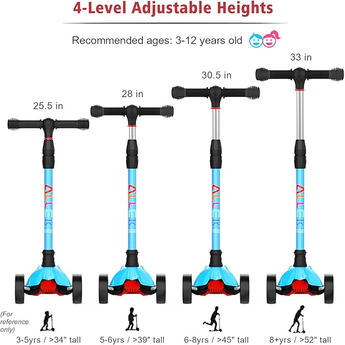 Allek Kick Scooter B02, Lean 'N Glide Scooter with Extra Wide PU Light-Up Wheels and 4 Adjustable Heights for Children from 3-12yrs (Aqua Blue)