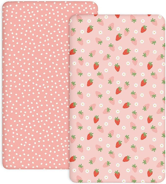 Pack and Play Sheets 2 Pack, Fitted Jersey Knit Mini Crib Sheets for Baby Boys and Girls, Compatible with Graco Pack N Play and Mini Crib Mattress (Blush Berry, Pack N Play/Mini Crib Sheets)