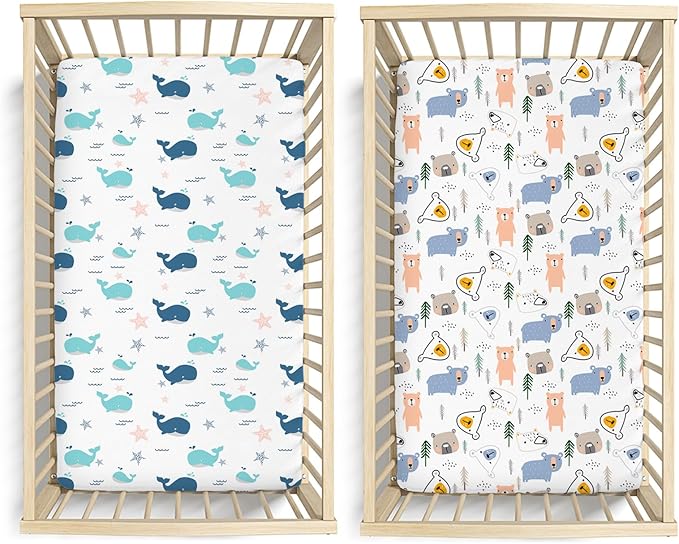 Little Grape Land Crib Sheets Baby Toddler Sheets 2 Pack Fitted for Boys Girls, Standard Size 28x52‘’ Crib Mattress, Super Soft Breathable Washable Microfiber (Whale/Little Bear)