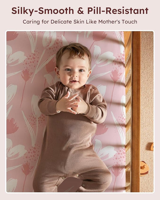 Pack and Play Sheets Fitted 3 Pack, Mini Crib Sheets for Pack N Play Mattress Stretchy Portable Playard Sheets, Soft Breathable Pink Flowers & Leaf
