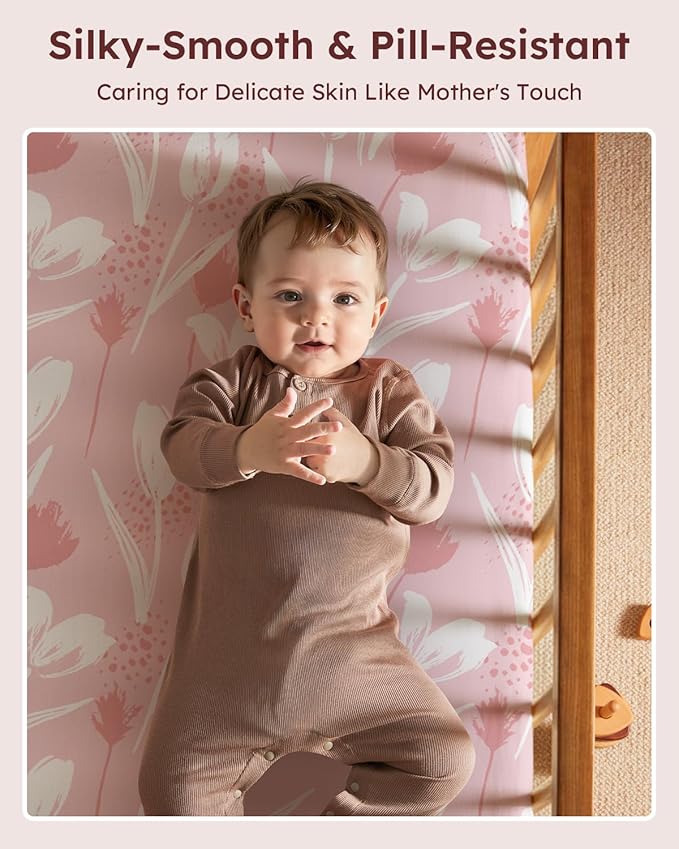 Baby Crib Sheets for Boys Girls, 28x52x8in Fitted Crib Sheet Neutral 3 Pack for Standard Crib and Toddler Mattress, Breathable Soft Microfiber Baby Sheet Pink Flowers & Leaf