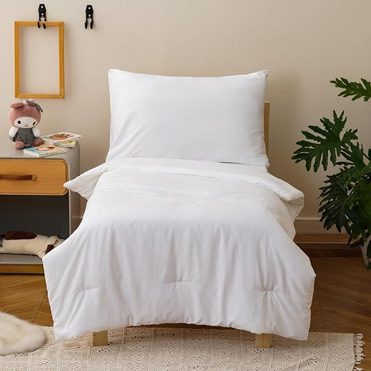 KAREVER White Toddler Bedding Set Solid White 4 Pieces Crib Bed Set Kids Pure Color Comforter Set