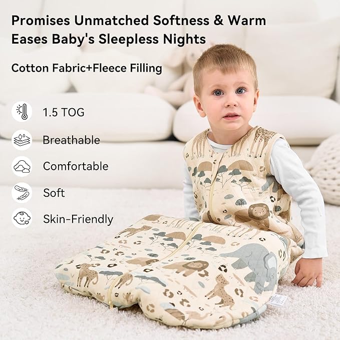 Baby Sleep Sack 18-24 Months 1.5 Tog Baby Wearable Blanket 100% Cotton Fabric Warm Sleeping sack with 2-Way Zipper Quilted for Toddler Infant Tog Apricot Elephant