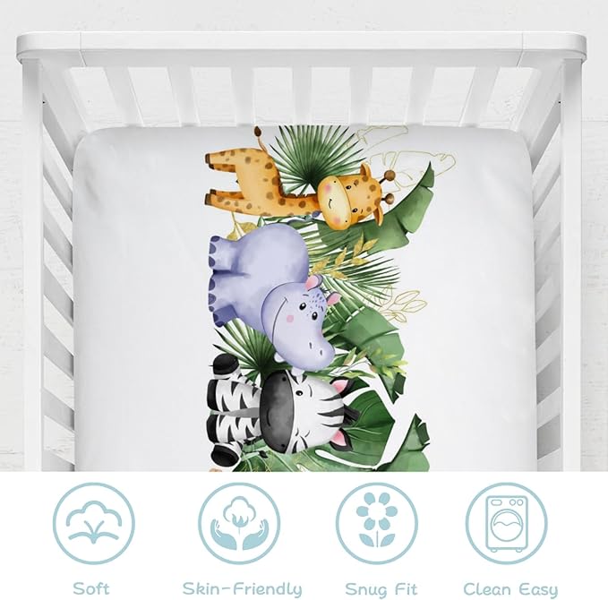 Baby Jungle Safari Animals Tropical Leaves Flowers Baby Crib Sheet 52''x28'' Fitted Crib Mattress Cover for Boy Girl Nursery Toddler Bed Sheet Fits Standard Crib and Toddler Mattresses Leaves