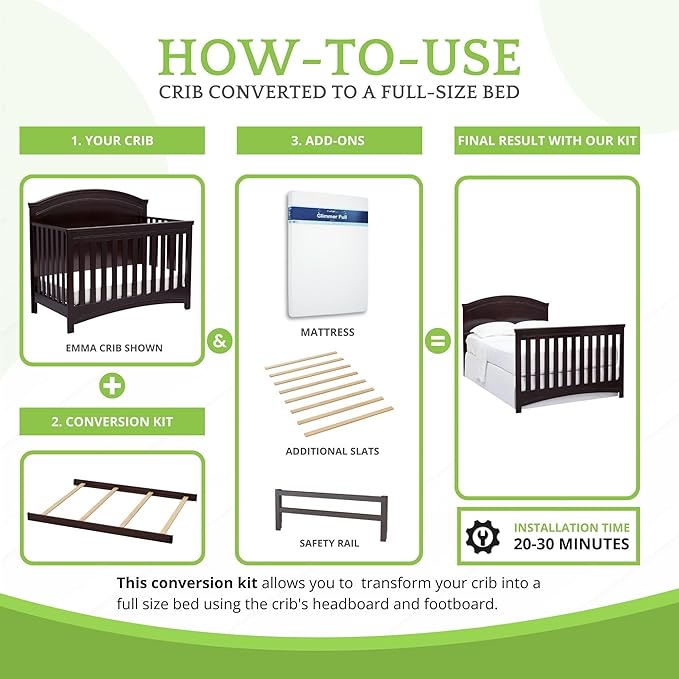 Full-Size Conversion Kit Bed Rails Compatible with Delta Children Convertible Cribs - Solid Wood Rail #0050 - Toddler and Adult Bed Rail for Full-Size Beds - Baby Furniture (Black Espresso - 907)