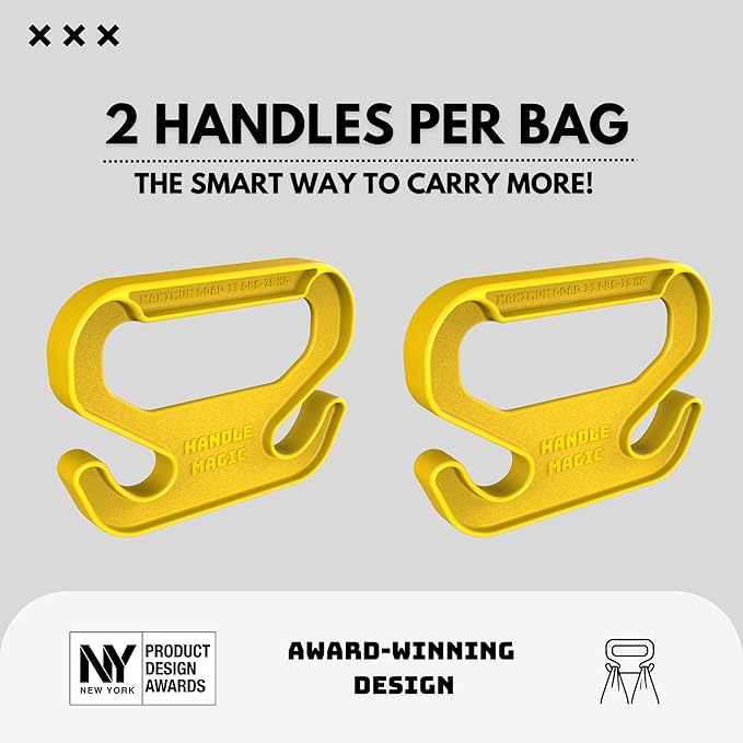 Handle Magic (2 Units) Bag Carriers | Ergonomic Grip and Bag Holder | Pocket Size | Lightweight & Comfortable for Shopping & Travel - Made in USA (Yellow)