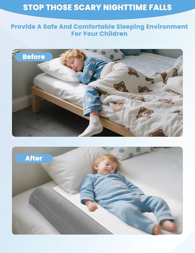 Inflatable Bed Rails for Toddlers, Non-Slip Soft Flocking Travel Bed Bumper, Inflatable Bed Bumpers for Kids for Full, Queen, King Size Beds, Blow-up Bed Bumper for Hotel, Travel, Home