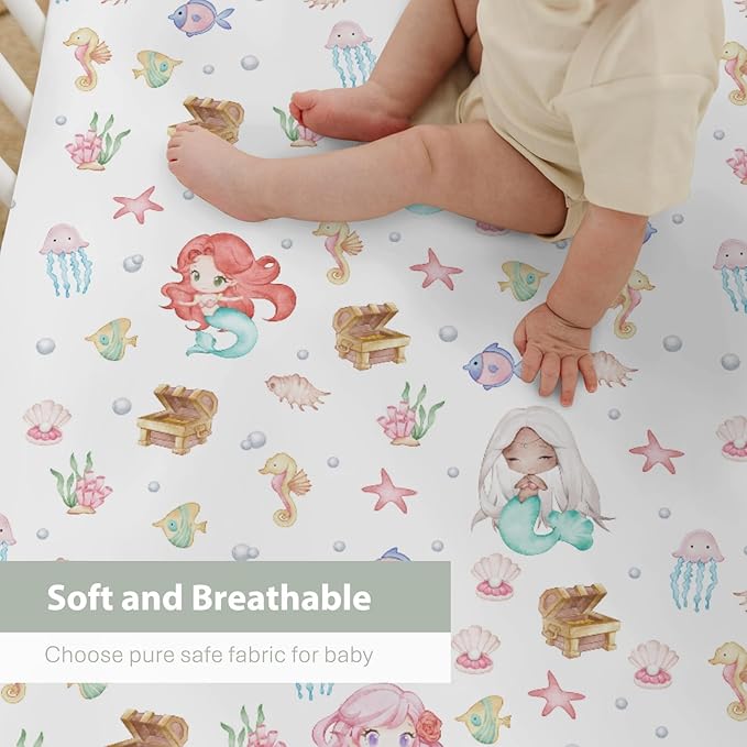 Cute Mermaids Baby Crib Sheets for Boy Girl 28"x52" Mystical Mermaids Fishes Sea Horse Jellyfish Soft Snug Fitted Crib Mattress Cover Ocean Animals Baby Sheet for Standard Crib & Toddler Bed Mattress