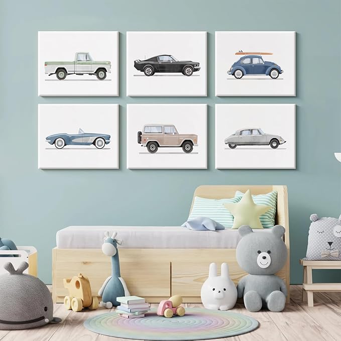 Blue Car Wall Art Decor Boys Room Wall Art Vintage Cars Canvas Poster Pictures Toddler Kids Room Prints Watercolor Vehicle Artwork Painting for Boys Bedroom Nursery 8x10 Inch Framed Set of 6