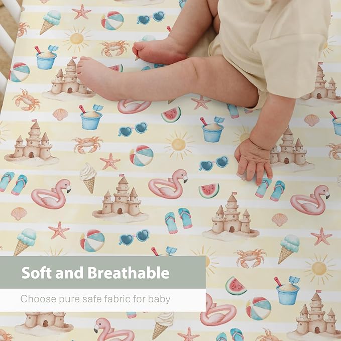 Summer Beach Seaside Baby Crib Sheets for Boy Girl 52x28Inch Ice Cream Sand Flamingo Sun Soft Snug Fitted Crib Mattress Cover Boho Travel Vacation Baby Sheet for Standard Crib & Toddler Bed Mattress