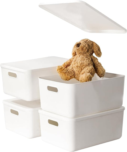 Gaoaodeyu 4 pack large plastic White storage bins Baskets, Toy Box Chest with Lids and Handle，Organizer Containers for Baby，Kids,snacks,Nursery，Shelves，Playroom, Bedroom，Office,Closet，home