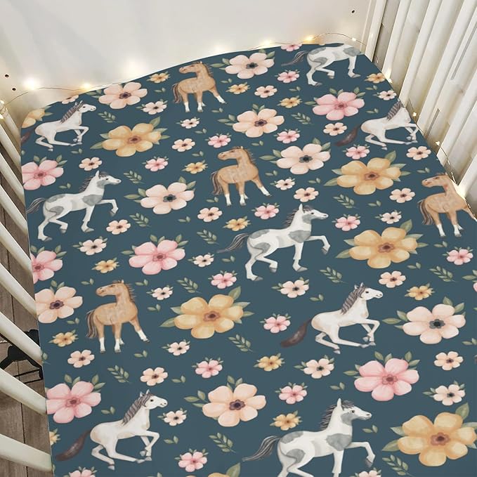 Watercolor Horse Floral Baby Crib Sheets for Boy Girl 52"x28" Running Horses Boho Flowers Soft Snug Fitted Crib Mattress Cover Wild Animals Baby Sheet for Standard Crib & Toddler Bed Mattress Navy