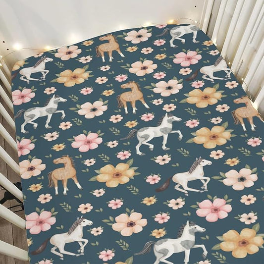 Watercolor Horse Floral Baby Crib Sheets for Boy Girl 52"x28" Running Horses Boho Flowers Soft Snug Fitted Crib Mattress Cover Wild Animals Baby Sheet for Standard Crib & Toddler Bed Mattress Navy