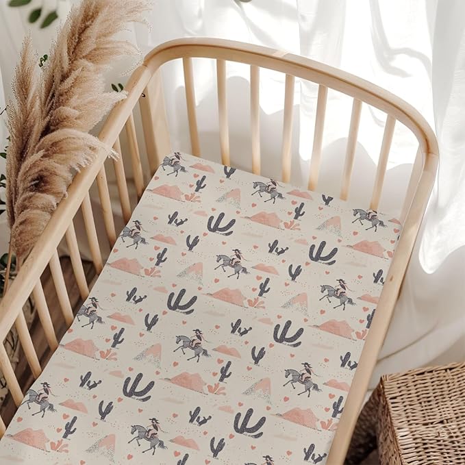 Vintage Western Cowgirl Love Baby Crib Sheets for Boy Girl 28"x52" Retro Cowgirl Horse Cactus Soft Stretchy Fitted Crib Mattress Cover Baby Sheet Fits for Standard Crib and Toddler Mattresses