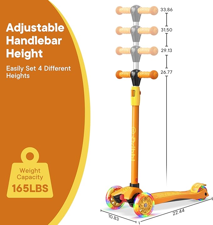 Dribbl 3-Wheel Kids Scooter - Lean-to-Steer Technology, Adjustable Height Handlebar, Wide Anti-Slip Deck, Scooter for Boys & Girls Ages 3+, Child Safety Approved, Support Riders Up to 165 lbs, Orange