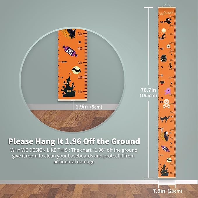 Halloween Baby Height Growth Chart - Canvas Height Chart for Kids Baby Child Toddler Boys Girls Growth Chart for Wall Room Nursery Decor Hangable and Removable Measuring Wall Ruler (C, Black Wood)