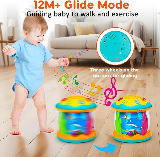Tsomtto Baby Musical Light Up Tummy Time Toy Ocean Rotating Projector Infant 18 Month Baby Aquarium Learning Crawling Birthday Newborn for 1 2 3 Year Old Boy Girl