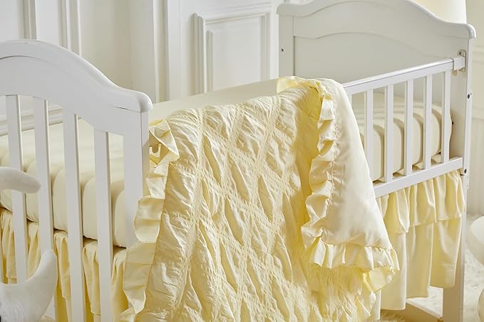 Ruffled Crib Bedding Set Baby Boho Quilted Comforter with Fitted Sheet and Bed Skirt - Cute Soft Breathable Seersucker Ruffled Shabby Chic Bedding Soft Blanket Design - Yellow
