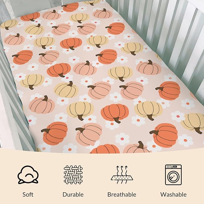 Autumn Pumpkin Boho Floral Baby Crib Sheets Fall Pumpkin Flowers Fitted Crib Mattress Cover Autumn Thanksgiving Harvest Toddler Baby Sheet for Standard Crib 28x52in