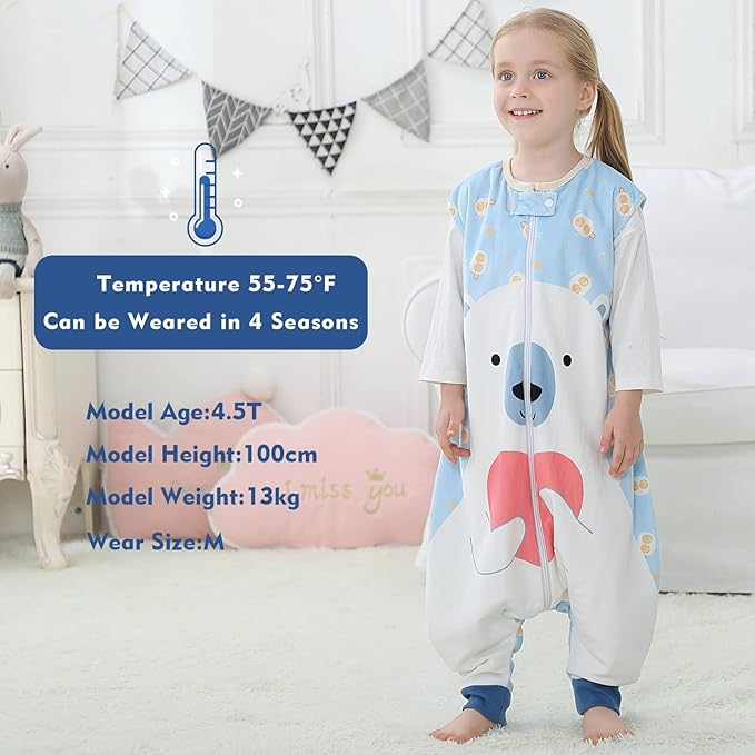 MICHLEY Toddler Sleeping Sack with Feet Newborn Infant Sleeveless Sleeping Bag 2-way Zipper Baby Wearable Blanket for Walkers,Bear,5-6T