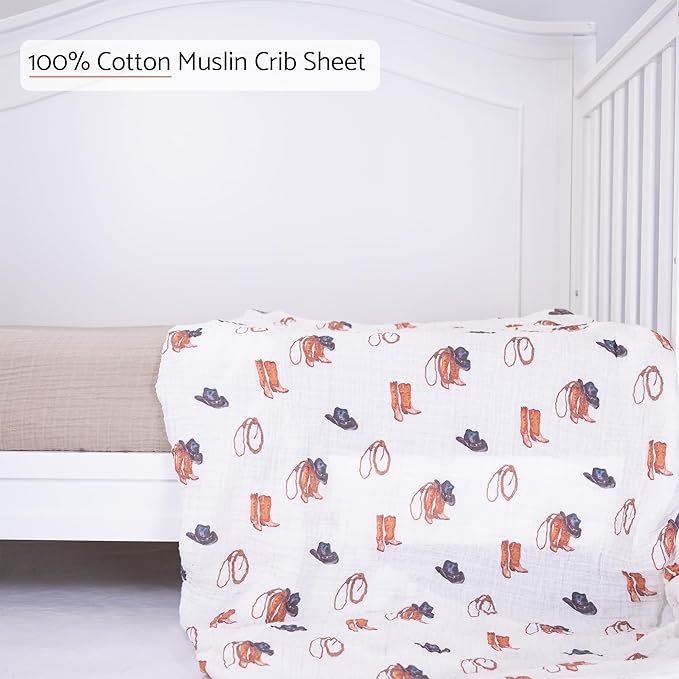 LollyBanks Fitted Crib Sheet for Boys 1 Pack, 100% Cotton Muslin Crib Sheets, Soft and Breathable Baby Sheet for Standard 52 x 28 Inches Mattress, Baby Bedding Essentials for Registry (Cowboy Print)