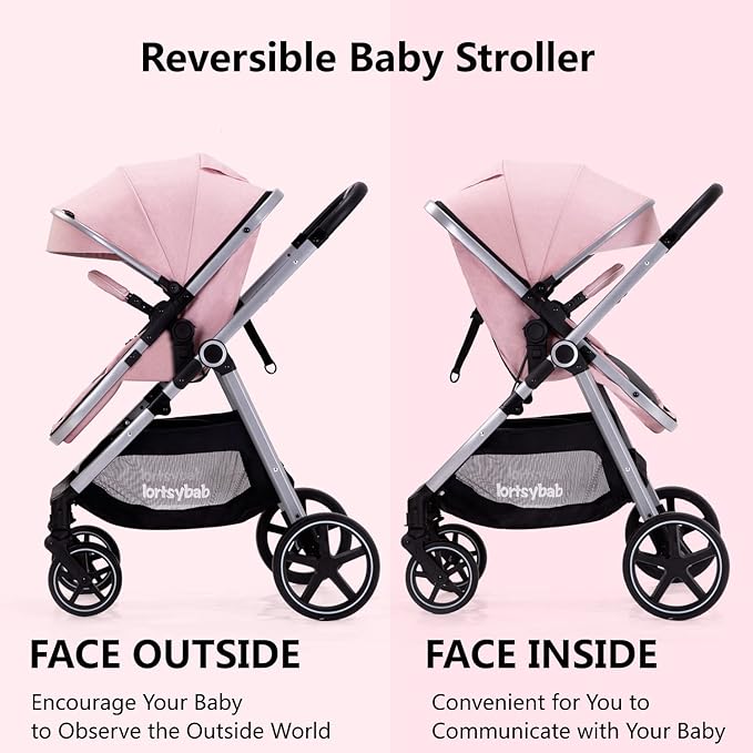 2-in-1 Baby Stroller - Folding Infant Newborn Pram Stroller with Reversible Seat - Toddler Strollers for 0-36 Months Old Babies (Pink)