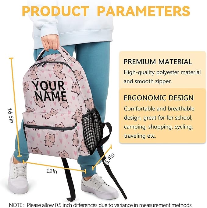 AIOMXZZ Personalized Pig Backpack Gifts with Text Name, 16 Inch Cute Pig Bookbag Durable, Lightweight, Large Capacity, Funny Animal Backpack for School Girls Kids Women