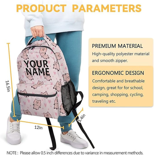 AIOMXZZ Personalized Pig Backpack Gifts with Text Name, 16 Inch Cute Pig Bookbag Durable, Lightweight, Large Capacity, Funny Animal Backpack for School Girls Kids Women