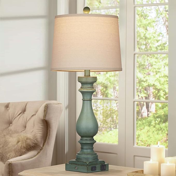 Cinkeda 29" Tall Table Lamp for Living Room Set of 2,Vintage Bedside Nightstand Lamps with USB C+A Ports & AC Outlet,3-Way Dimmable Touch Control Retro Green Desk Lamp for Bedroom,Color 4